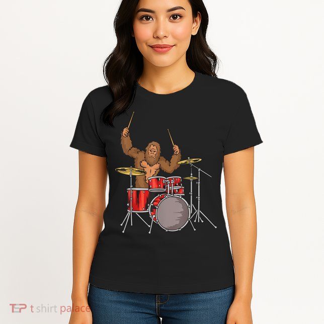 Drummer Funny Sasquatch Bigfoot Drumming Womens T-Shirt