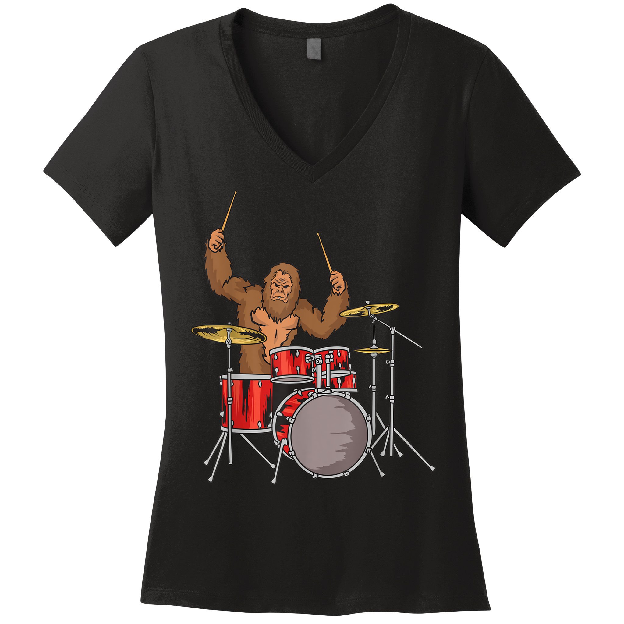 Drummer Funny Sasquatch Bigfoot Drumming Women's V-Neck T-Shirt