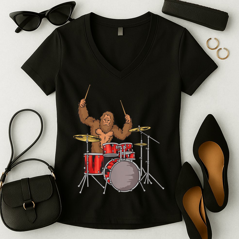 Drummer Funny Sasquatch Bigfoot Drumming Women's V-Neck T-Shirt