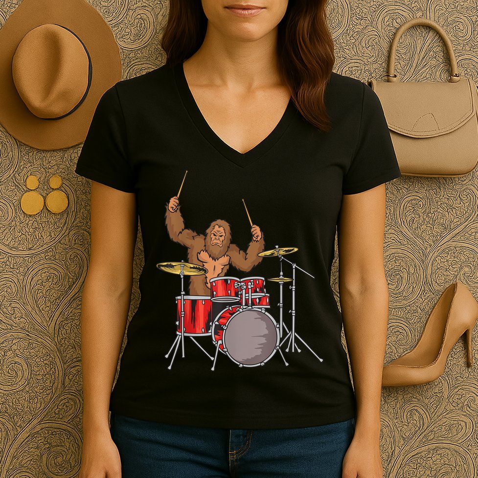 Drummer Funny Sasquatch Bigfoot Drumming Women's V-Neck T-Shirt