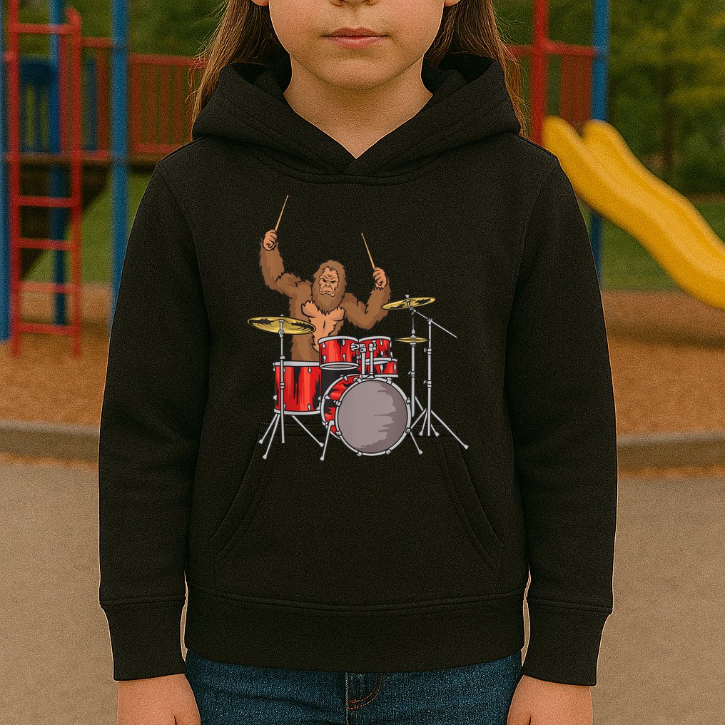 Drummer Funny Sasquatch Bigfoot Drumming Kids Hoodie