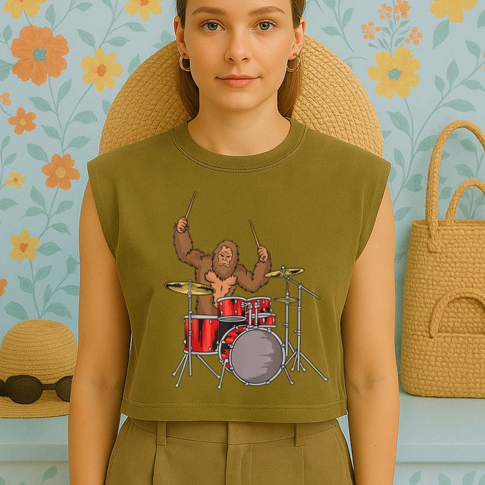 Drummer Funny Sasquatch Bigfoot Drumming Garment-Dyed Women's Muscle Tee