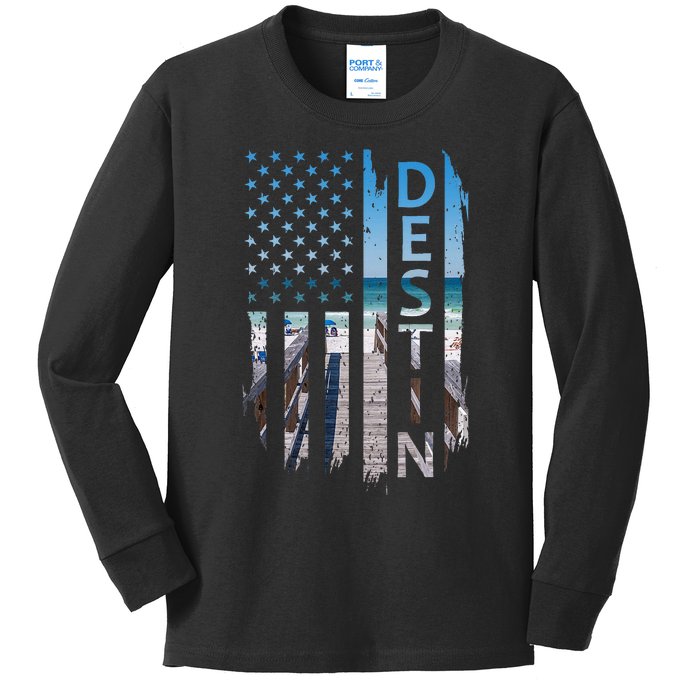 Destin Florida Summer Sunset American Flag Patriotic Kids Long Sleeve Shirt