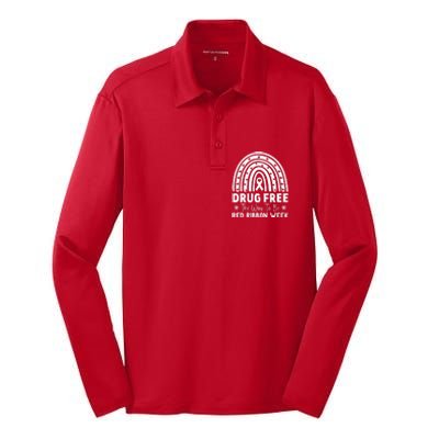 Drug Free The Way To Be Red Ribbon Week Awareness Rainbow Silk Touch Performance Long Sleeve Polo