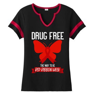 Drug Free The Way To be Red Ribbon Awareness Week butterfly Ladies Halftime Notch Neck Tee