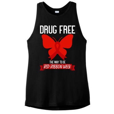 Drug Free The Way To be Red Ribbon Awareness Week butterfly Ladies PosiCharge Tri-Blend Wicking Tank