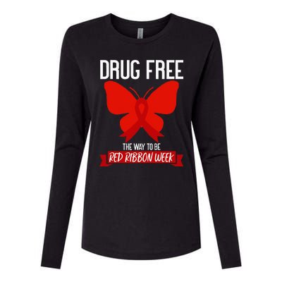 Drug Free The Way To be Red Ribbon Awareness Week butterfly Womens Cotton Relaxed Long Sleeve T-Shirt