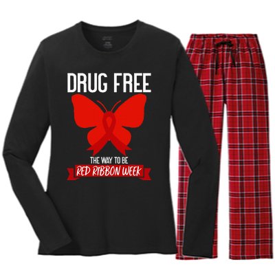 Drug Free The Way To be Red Ribbon Awareness Week butterfly Women's Long Sleeve Flannel Pajama Set 