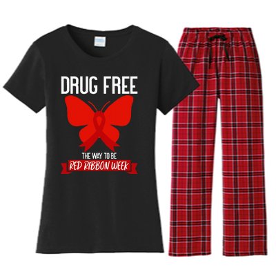 Drug Free The Way To be Red Ribbon Awareness Week butterfly Women's Flannel Pajama Set