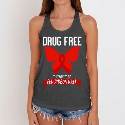 Drug Free The Way To be Red Ribbon Awareness Week butterfly Women's Knotted Racerback Tank