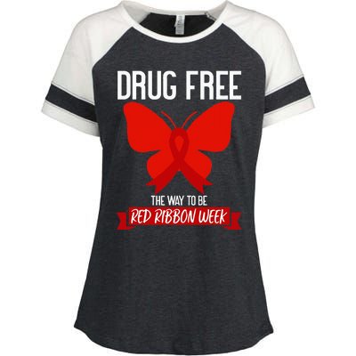 Drug Free The Way To be Red Ribbon Awareness Week butterfly Enza Ladies Jersey Colorblock Tee