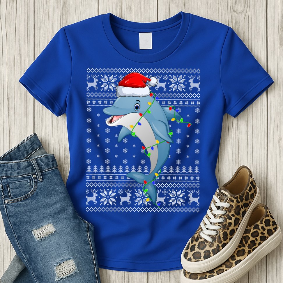 Dolphin Fish Ugly Xmas Sweater Style Santa Dolphin Christmas Meaningful Gift Womens T-Shirt