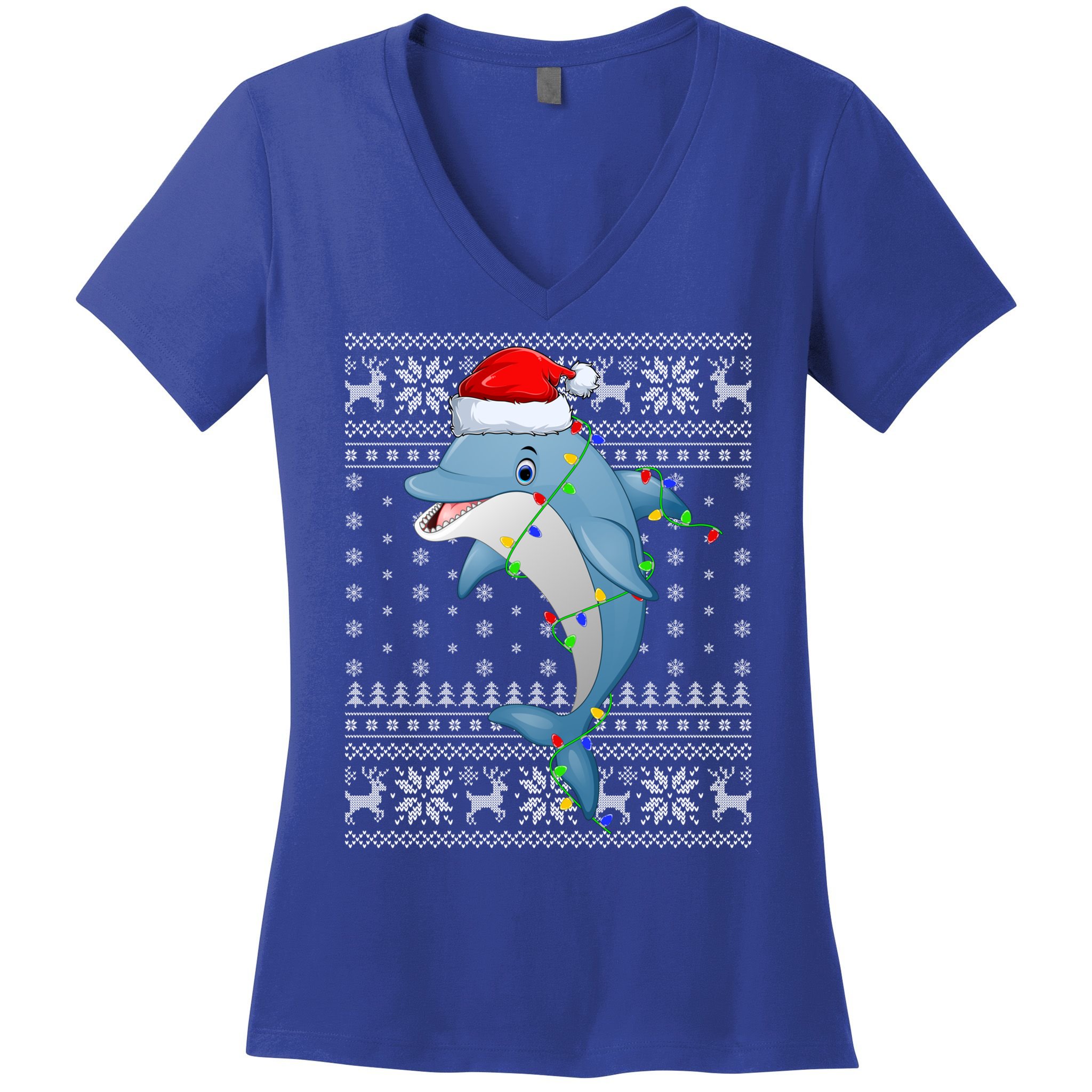 Dolphin Fish Ugly Xmas Sweater Style Santa Dolphin Christmas Meaningful Gift Women's V-Neck T-Shirt
