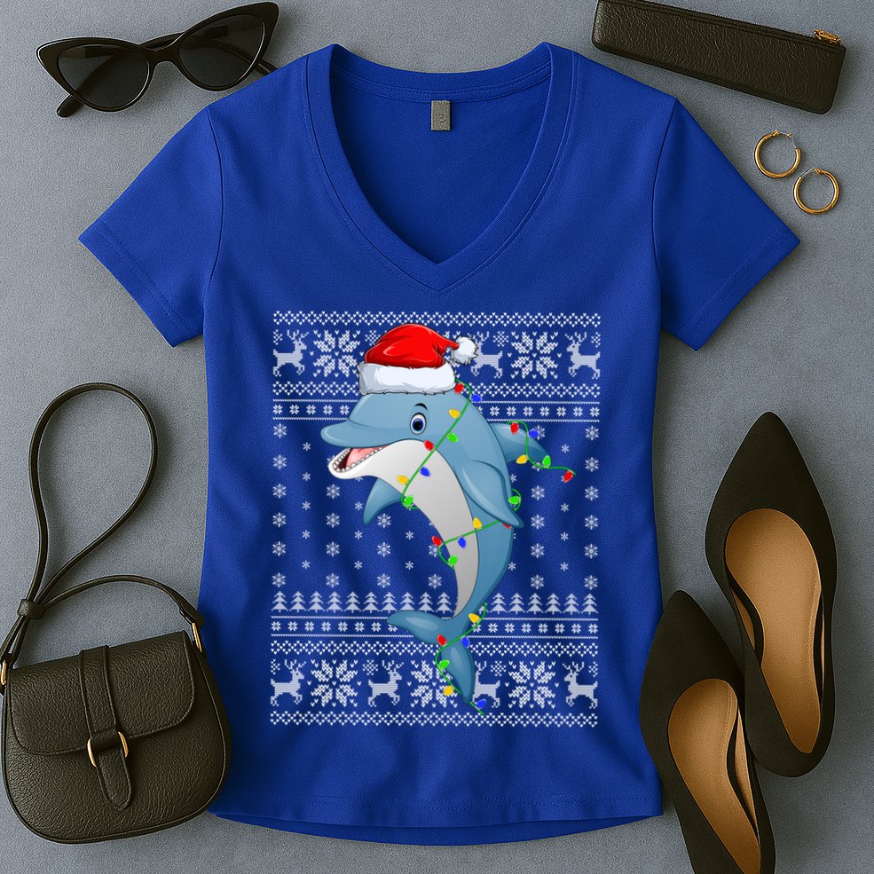 Dolphin Fish Ugly Xmas Sweater Style Santa Dolphin Christmas Meaningful Gift Women's V-Neck T-Shirt