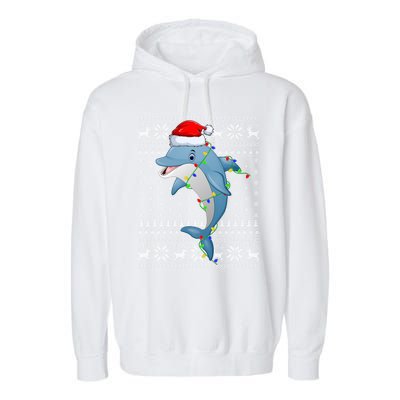 Dolphin Fish Ugly Xmas Sweater Style Santa Dolphin Christmas Meaningful Gift Garment-Dyed Fleece Hoodie