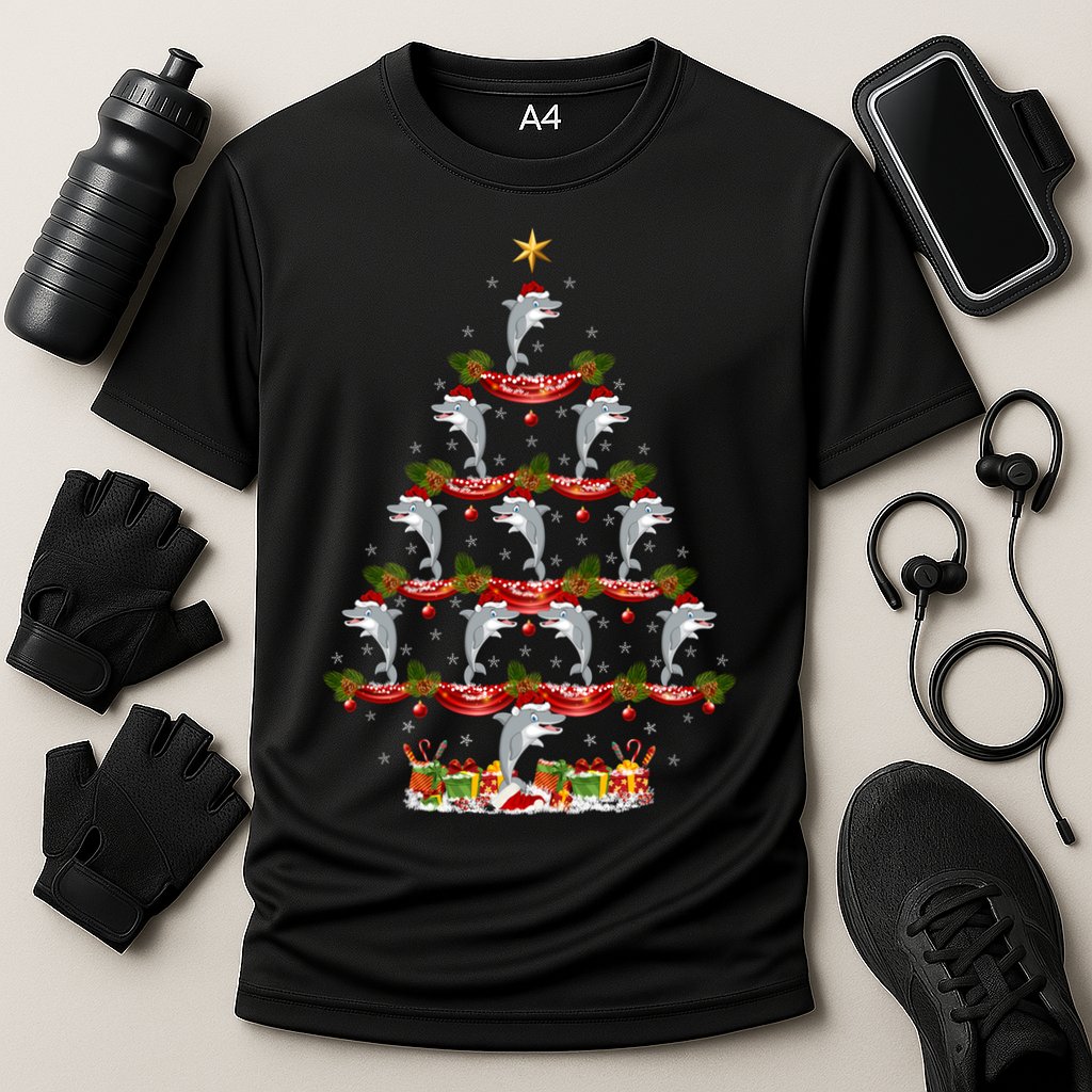 Dolphin Fish Xmas Tree Lighting Dolphin Christmas Tree Gift Cooling Performance Crew T-Shirt