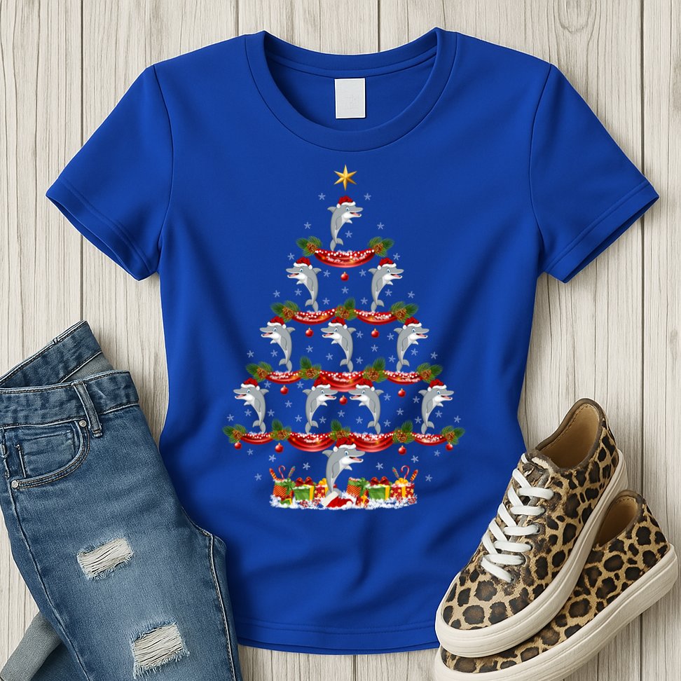 Dolphin Fish Xmas Tree Lighting Dolphin Christmas Tree Gift Womens T-Shirt
