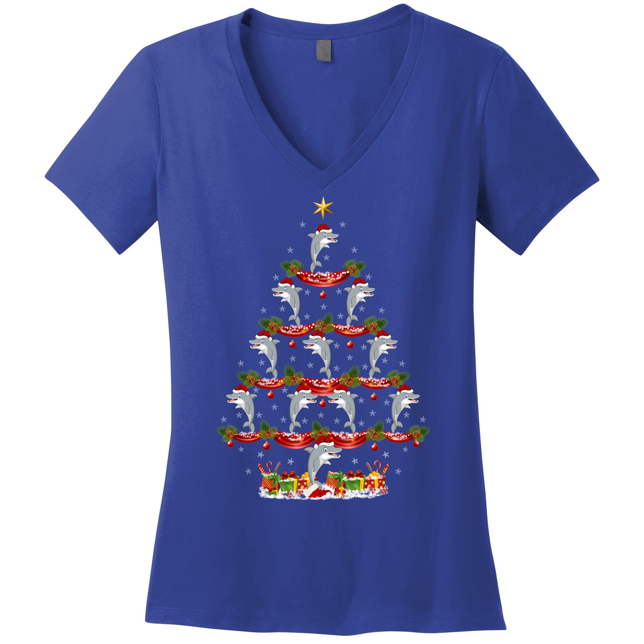 Dolphin Fish Xmas Tree Lighting Dolphin Christmas Tree Gift Women's V-Neck T-Shirt