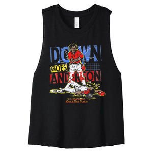 DOWN GOES ANDERSON FUNNY BASEBALL Trending Design Women's Racerback Cropped Tank