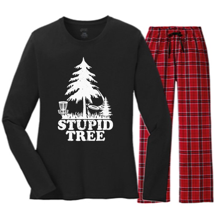 Disc Golf Art For  Stupid Tree Fun Disc Golf Player Women's Long Sleeve Flannel Pajama Set 