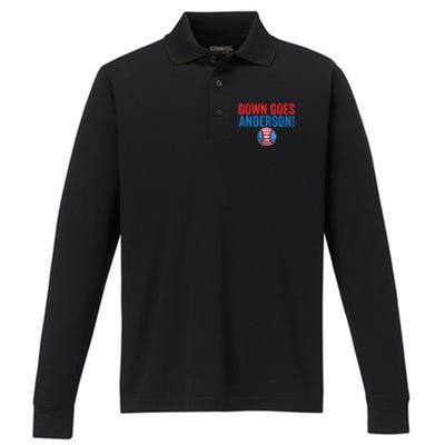 Down Goes Anderson Funny Baseball Gift Anderson Performance Long Sleeve Polo