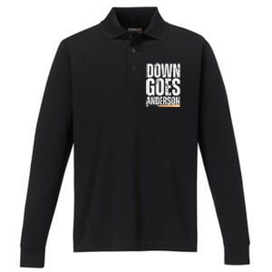 Down Goes Anderson Funny Baseball Performance Long Sleeve Polo