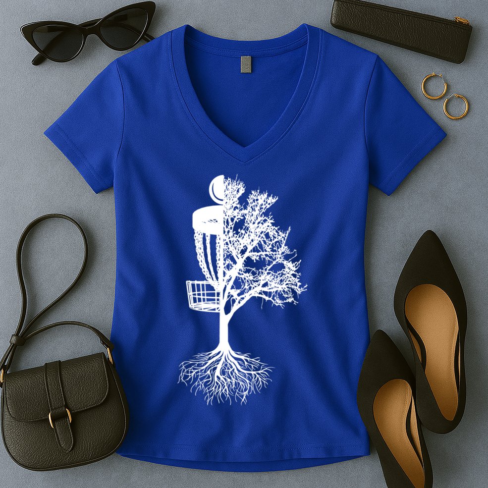 Disc Golf Basket And Tree Frolf Frisbee Golf Cool Gift Women's V-Neck T-Shirt