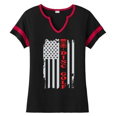 Disc Golf Basket American Flag Gift For Disc Golfers Ladies Halftime Notch Neck Tee