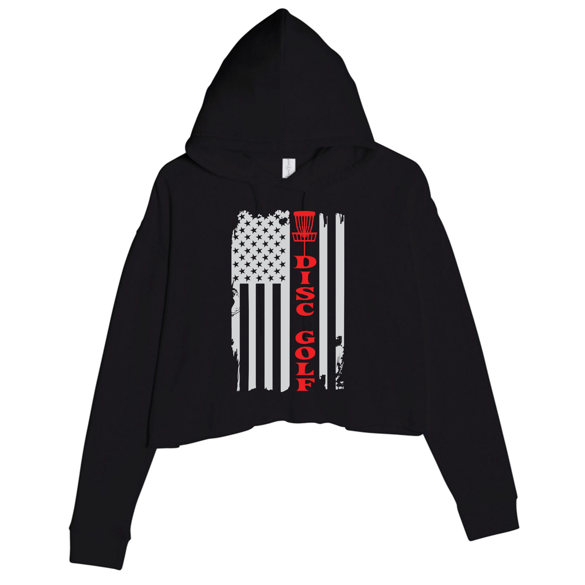 Disc Golf Basket American Flag Gift For Disc Golfers Crop Fleece Hoodie