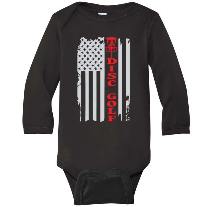 Disc Golf Basket American Flag Gift For Disc Golfers Baby Long Sleeve Bodysuit