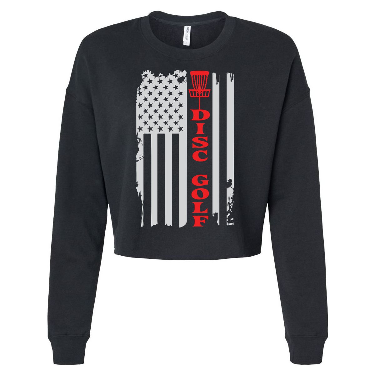 Disc Golf Basket American Flag Gift For Disc Golfers Cropped Pullover Crew