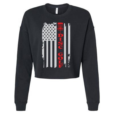 Disc Golf Basket American Flag Gift For Disc Golfers Cropped Pullover Crew