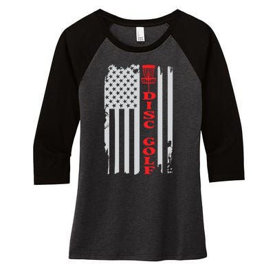 Disc Golf Basket American Flag Gift For Disc Golfers Women's Tri-Blend 3/4-Sleeve Raglan Shirt