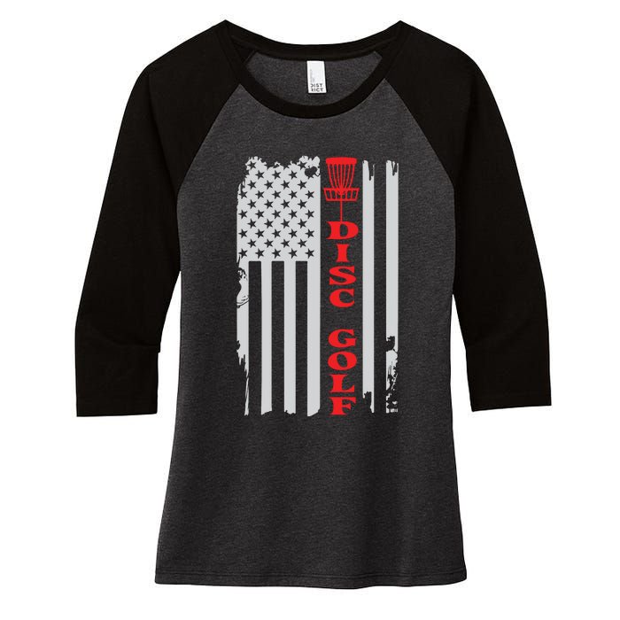 Disc Golf Basket American Flag Gift For Disc Golfers Women's Tri-Blend 3/4-Sleeve Raglan Shirt