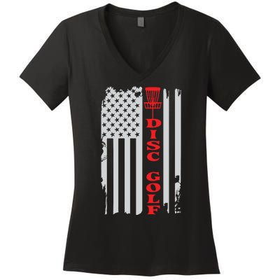 Disc Golf Basket American Flag Gift For Disc Golfers Women's V-Neck T-Shirt