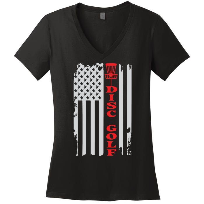 Disc Golf Basket American Flag Gift For Disc Golfers Women's V-Neck T-Shirt