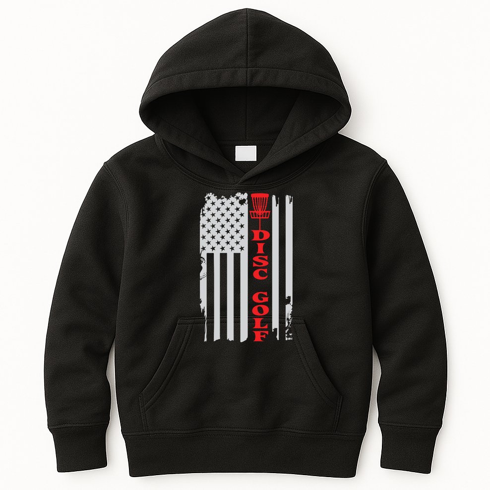 Disc Golf Basket American Flag Gift For Disc Golfers Kids Hoodie