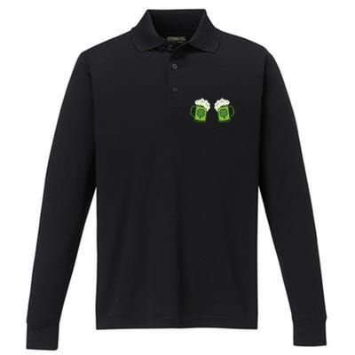 Drinking Green Beer Boobs Shamrock Irish Patricks Day Performance Long Sleeve Polo