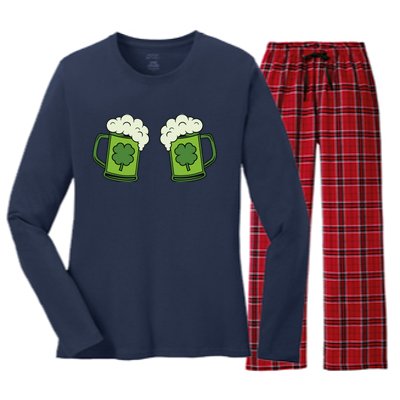 Drinking Green Beer Boobs Shamrock Irish Patricks Day Women's Long Sleeve Flannel Pajama Set 