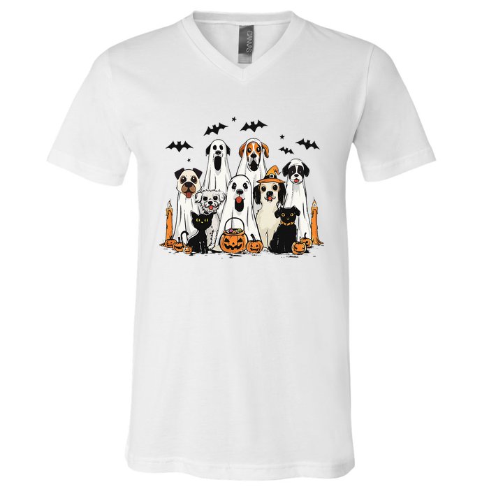 Dog Ghost Cute Dog Dressed As Ghost Funny Halloween Dog V-Neck T-Shirt