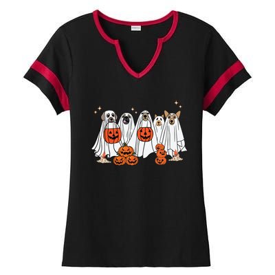 Dog Ghost Cute Dog Dressed As Ghost Funny Halloween Dog Ladies Halftime Notch Neck Tee