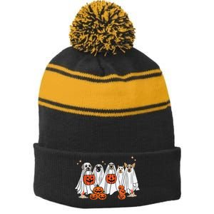 Dog Ghost Cute Dog Dressed As Ghost Funny Halloween Dog Stripe Pom Pom Beanie