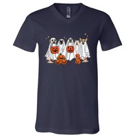 Dog Ghost Cute Dog Dressed As Ghost Funny Halloween Dog V-Neck T-Shirt