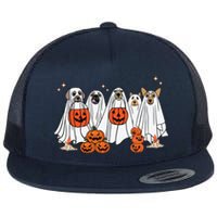 Dog Ghost Cute Dog Dressed As Ghost Funny Halloween Dog Flat Bill Trucker Hat