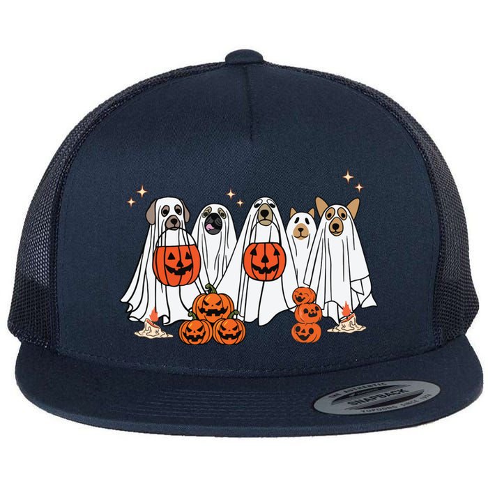 Dog Ghost Cute Dog Dressed As Ghost Funny Halloween Dog Flat Bill Trucker Hat