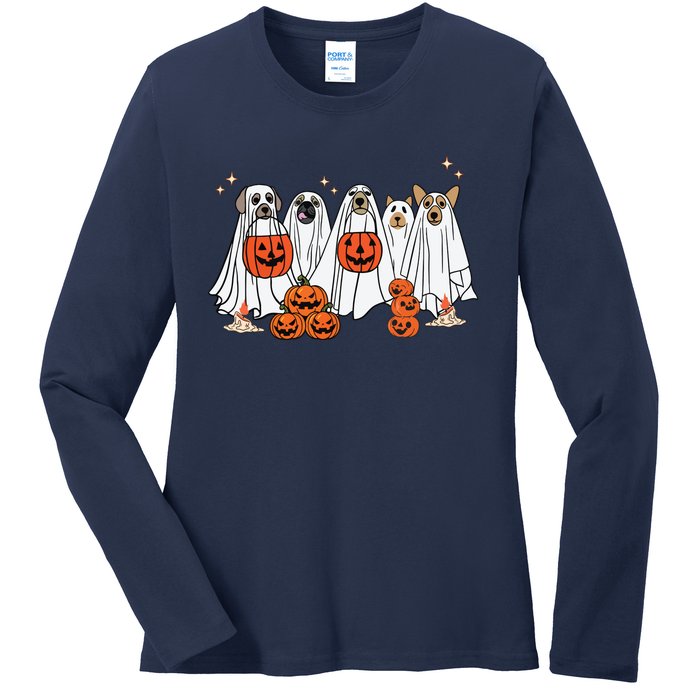 Dog Ghost Cute Dog Dressed As Ghost Funny Halloween Dog Ladies Long Sleeve Shirt