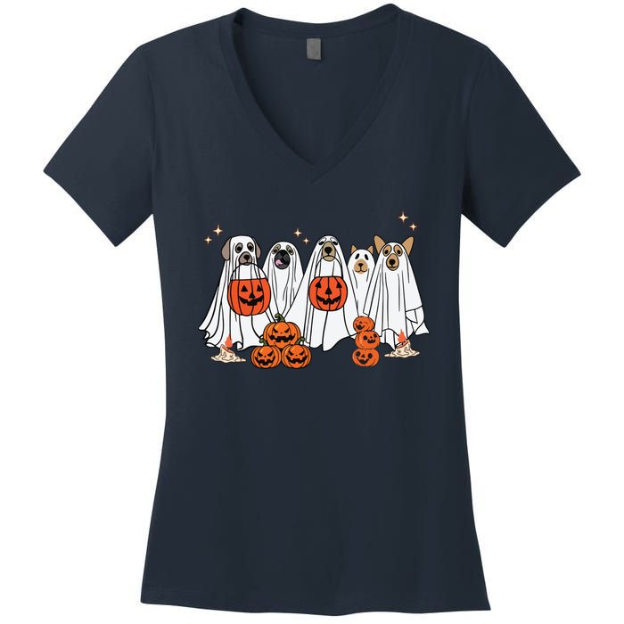 Dog Ghost Cute Dog Dressed As Ghost Funny Halloween Dog Women's V-Neck T-Shirt