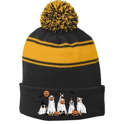 Dog Ghost Cute Dog Dressed As Ghost Funny Halloween Dog Stripe Pom Pom Beanie