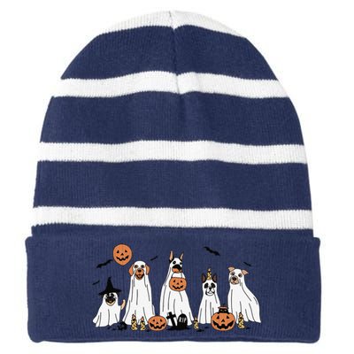 Dog Ghost Cute Dog Dressed As Ghost Funny Halloween Dog Striped Beanie with Solid Band