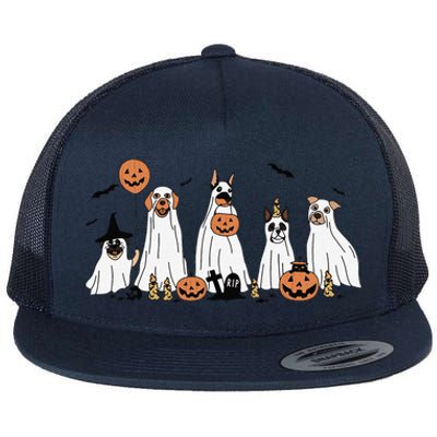 Dog Ghost Cute Dog Dressed As Ghost Funny Halloween Dog Flat Bill Trucker Hat